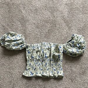 Abercrombie & Fitch Cream Floral Smocked Off-Shoulder Crop Top with Blue Print